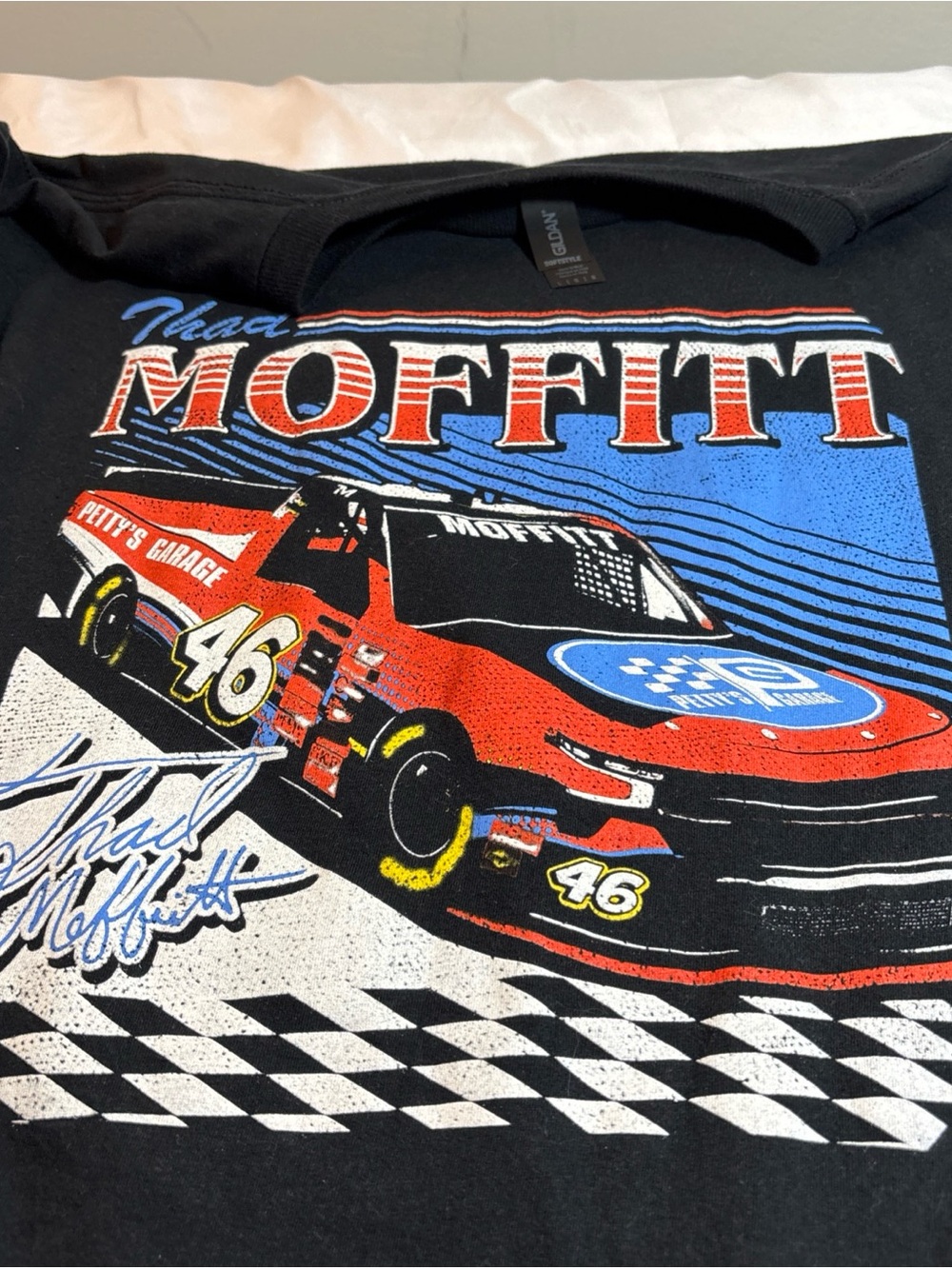 Gildan Black Short Sleeve T-Shirt with Red, Blue and White Racing Graphic 442